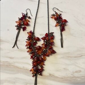 Vintage Park Lane Red and Orange Beaded Necklace earrings jewelry matching Set